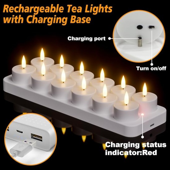 YASENN Rechargeable LED Candle Light Set with Charging Base – 12PCS (Bullet Tip) | Timer Function | Flameless & Reusable | Ideal for Church, Restaurant, Wedding, and Home Decor