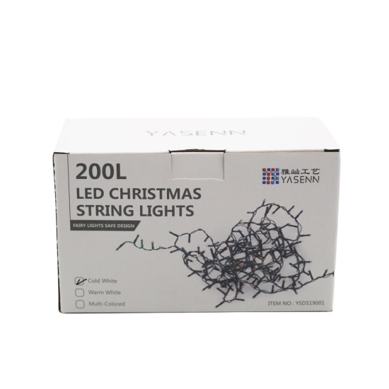 YASENN 200 LED Cool White String Lights - 66ft Dark Green Wire, 10cm Spacing, 8 Modes