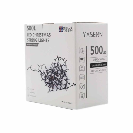 YASENN LED String Lights Chain 500count  outdoor Christmas tree Lights ,Light controlled switch With light sensor,Light Operated with Black  cable